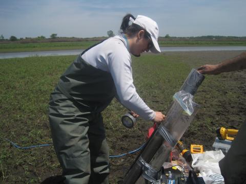 Rachel Marek works with equipment in a field